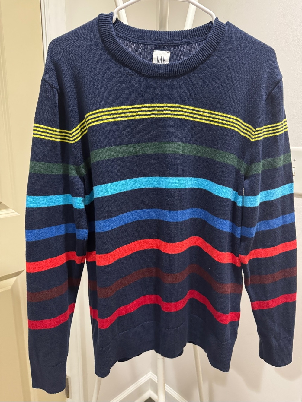 GAP Navy Crewneck Sweater with Multicolor Stripes